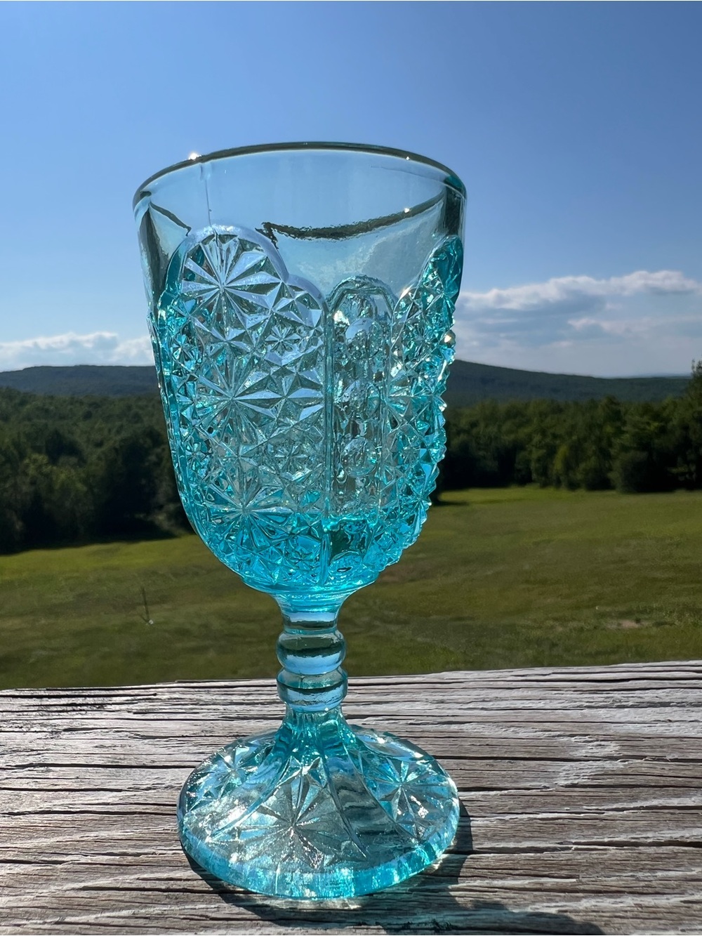 Vintage LG Wright Ice Blue Cordial/ Shot Glass in Daisy and Button Pattern
